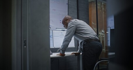 Stock Broker Shouting During Call, Soaking Financial Loss, Monitoring Real-Time Stocks and Exchange Market Charts in Office at Night. African American Investment Agent Angry About Bad Economy News.
