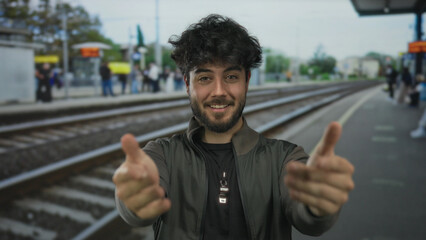 Smiling hispanic man with beard standing in outdoor train station pointing at camera with railway in background on a clear day.