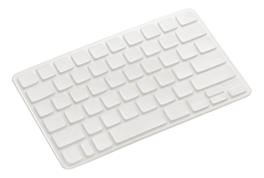 White computer keyboard made of textured polystyrene foam with raised keys on transparent background.