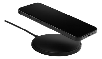 Sleek black smartphone placed on a modern wireless charging pad with a connected cable on transparent background.