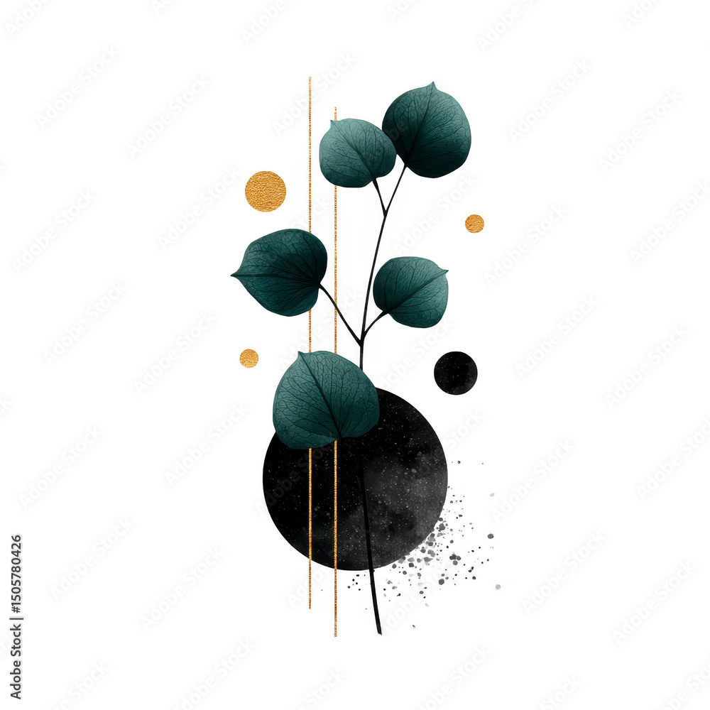 Poster abstract botanical illustration featuring dark green leaves with gold accents and geometric shapes, 