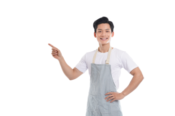 portrait of asian man wearing apron posing on white background
