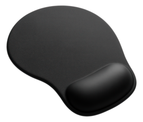 Ergonomic black mouse pad with wrist support designed for comfortable computing on transparent background.