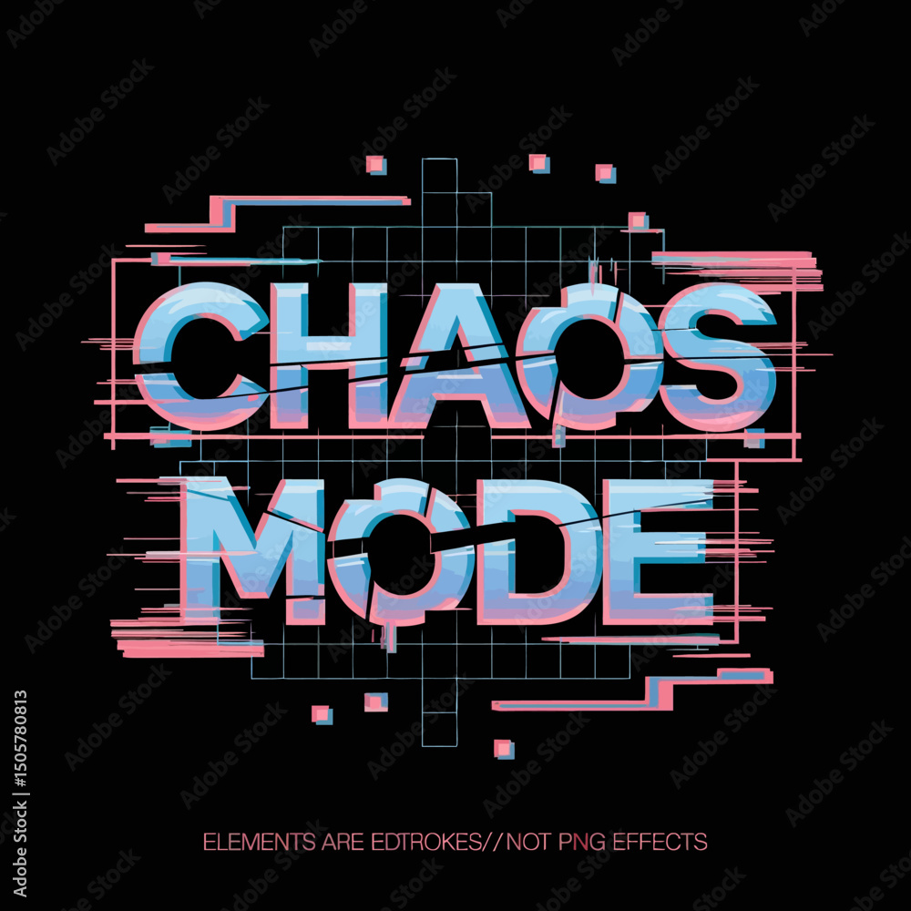 Poster glitch effect text chaos mode design abstract vector graphic retro style modern typography blue pink
