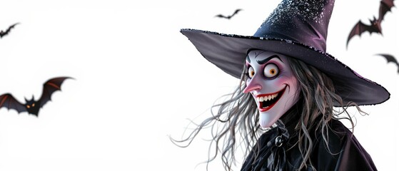 Sorcière effrayante avec chapeau pointu et chauves-souris sur fond blanc – Illustration Halloween”
