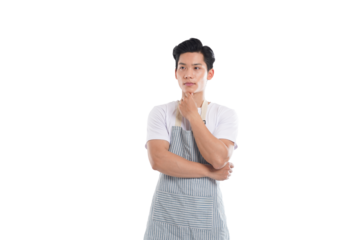 portrait of asian man wearing apron posing on white background
