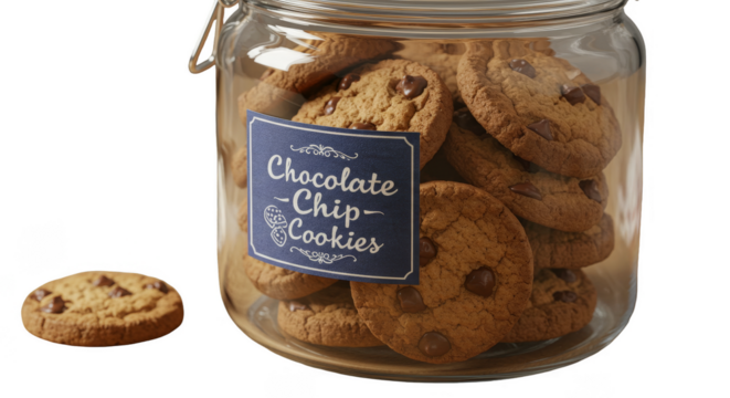 Photo Of Delicious Chocolate Chip Cookies In A Glass Jar With Transparent Background