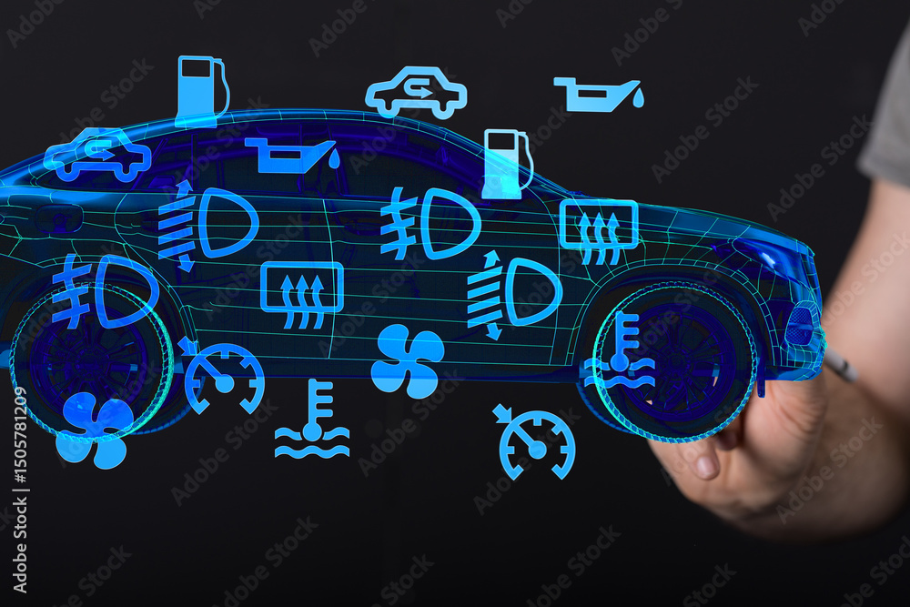 Poster stock photo of a digital car with illuminated warning lights and indicators.
