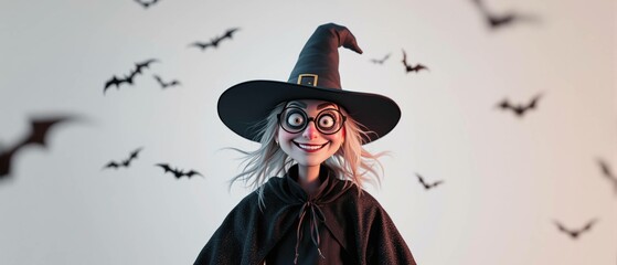 Sorcière effrayante avec chapeau pointu et chauves-souris sur fond blanc – Illustration Halloween”