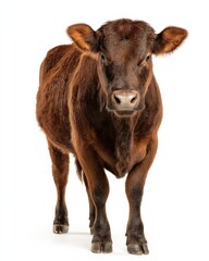 A young brown cow stands against a white background.