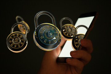 Safeguarding your data.  Image depicts digital locks and a smartphone, symbolizing mobile security.