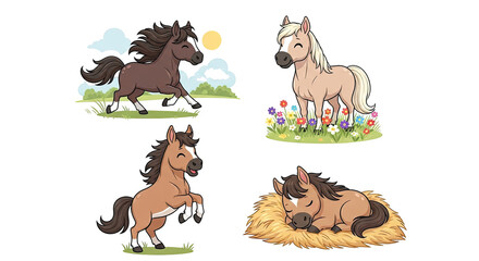 Obraz premium Pixelated illustration of four animals in various poses including running standing and resting against transparent background with elements of grass flowers and a sun