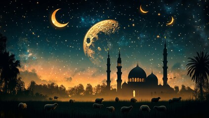 Mosque Silhouette at Night with Sheep and Moonscape