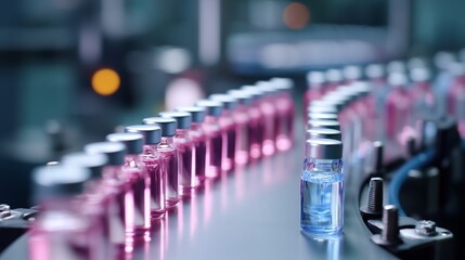 Fototapeta na wymiar Vials of pink and blue liquid line a conveyor belt in a pharmaceutical manufacturing facility during the day