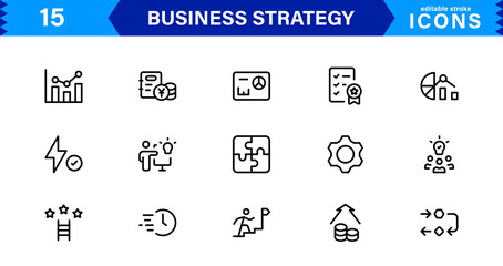 Professional Business Strategy Icon Set Featuring Planning, Analysis, Goals, Innovation, and Growth in a Clean Minimal Vector Style