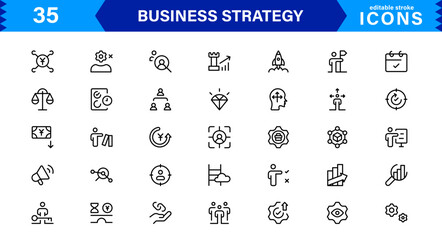Professional Business Strategy Icon Set Featuring Planning, Analysis, Goals, Innovation, and Growth in a Clean Minimal Vector Style