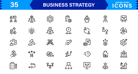 Professional Business Strategy Icon Set Featuring Planning, Analysis, Goals, Innovation, and Growth in a Clean Minimal Vector Style