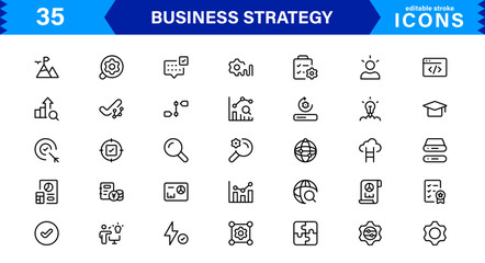 Professional Business Strategy Icon Set Featuring Planning, Analysis, Goals, Innovation, and Growth in a Clean Minimal Vector Style