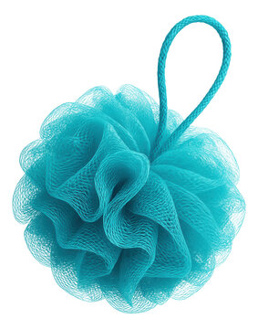 Blue shower loofah with textured mesh design and hanging loop on transparent background.
