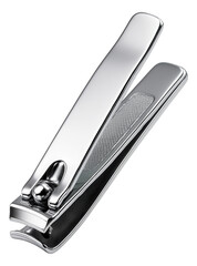 Shiny metal nail clipper with ergonomic design on transparent background.