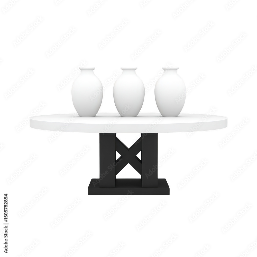 Poster three white ceramic vases are elegantly displayed on round table with sturdy black base, creating mi