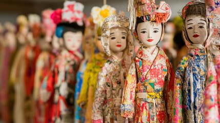 Colorful Asian dolls in traditional costumes.