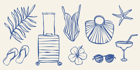 Hand drawn summer vacation elements including tropical flowers, leaves, drinks, swimwear, bag, sunglasses. Black and white line art style. Suitable for coloring books, posters, packaging, web stickers