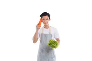 portrait of asian man wearing apron posing on white background