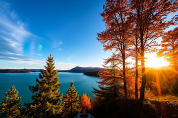 Serene Lake Tahoe Sunset Amidst Autumnal Trees and Majestic Mountains