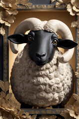 portrait of a sheep with soft white fleece on display inside a wooden box decorated with flowers and plants