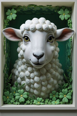 portrait of a sheep with soft white fleece on display inside a wooden box decorated with flowers and plants