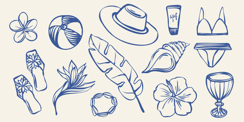 Hand drawn summer vacation elements including tropical flowers, leaves, drinks, shells, spf, swimwear, suitcase, hat. line art style. Suitable for coloring books, posters, packaging, web stickers