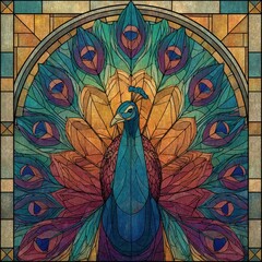 Stained Glass Peacock with Long Tail Feathers in the Sky