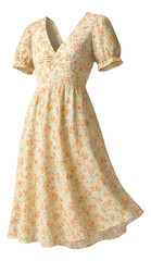 Elegant floral-patterned summer dress with short puff sleeves and a V-neckline on transparent background.