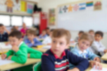 Young students engaged in learning within a colorful and lively classroom environment setting