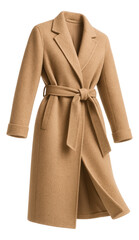 Elegant camel-colored wool coat with a belted waist and notch lapels on transparent background.
