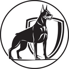 Striking silhouette of a muscular Doberman standing tall with a shield in the background. Perfect for elite security logos, athletic pet gear, or fierce branding.