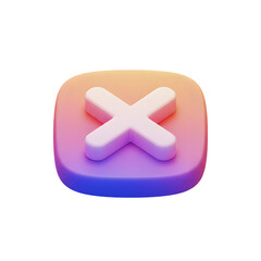 Obraz premium 3D render of a rounded square button with a prominent white 'X' symbol, set against a vibrant gradient background. The button is designed for use as a visual cue for cancellation.