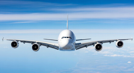 Naklejka premium Front View of Large Passenger Jet Flying in Blue Sky