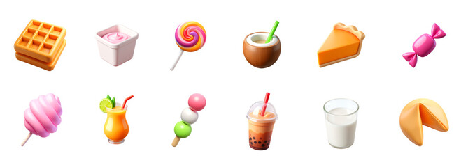 Big set of 3D Sweet Snacks & Drinks Food Icons – Glossy Minimal Emoji Style, Isolated PNG objects