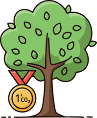 Naklejka premium Carbon offset tree with medal symbolizing environmental achievement and sustainability efforts in green nature 
