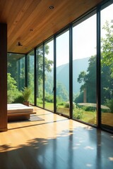 A sprawling modern house with large windows overlooking a lush green landscape, embodying the ideal of a dream home Sunlight streams through, illuminating the spacious interior , grass, luxury home