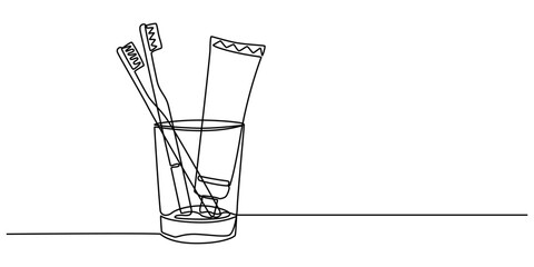 Obraz premium Toothbrush and toothpaste are in a glass continuous one line art drawing, Single continuous line drawing several toothbrushes in glass. Dental care equipment at home. Brushing teeth. Teeth care.