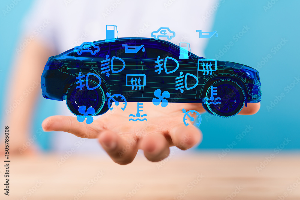 Poster stock photo of a hand holding a digital car with illuminated dashboard warning lights.