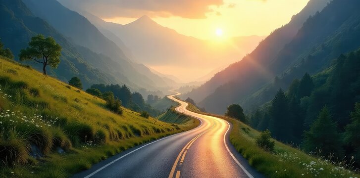 A winding road disappears into a misty, sunlit valley, symbolizing an uncertain but promising future path ahead The journey is long, but the destination is bright , guidance, way - Powered by Adobe