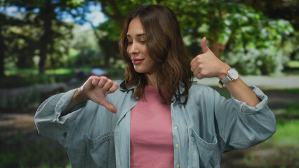 Fototapeta premium Woman expressing positive and negative emotions with thumbs up and down in a vibrant outdoor park setting, displaying mixed feelings with a smile and a thoughtful expression under sunlight.