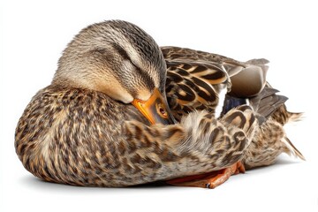 A female Mallard duck rests peacefully, its brown and beige feathers softly blending together.