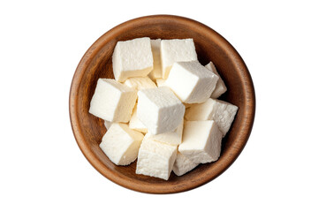 Heap of diced tofu cheese in wooden bowl isolated on transparent background