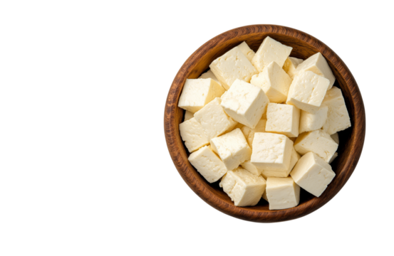 Heap of diced tofu cheese in wooden bowl isolated on transparent background