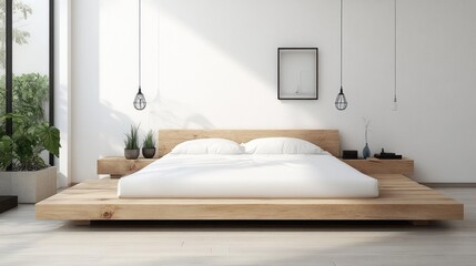 Minimalist bedroom with platform bed, sunlight, and plants.